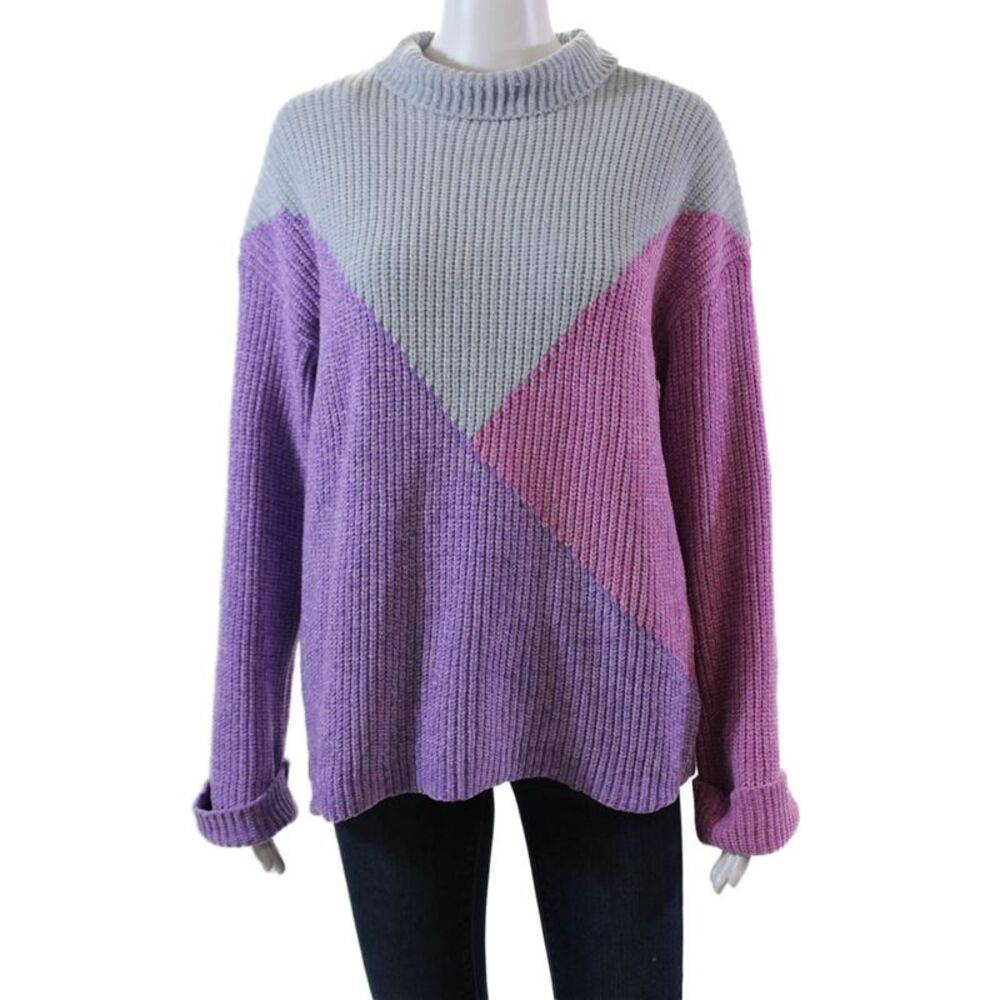 Elena Wang Womens Long Sleeve Mock Neck Soft Knit Sweater Gray Pink Size Large